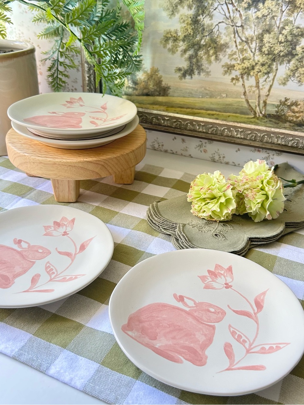 🌴Charming Threshold Stoneware Appetizer Plates W/Pink Rabbit & Flower | 4PK